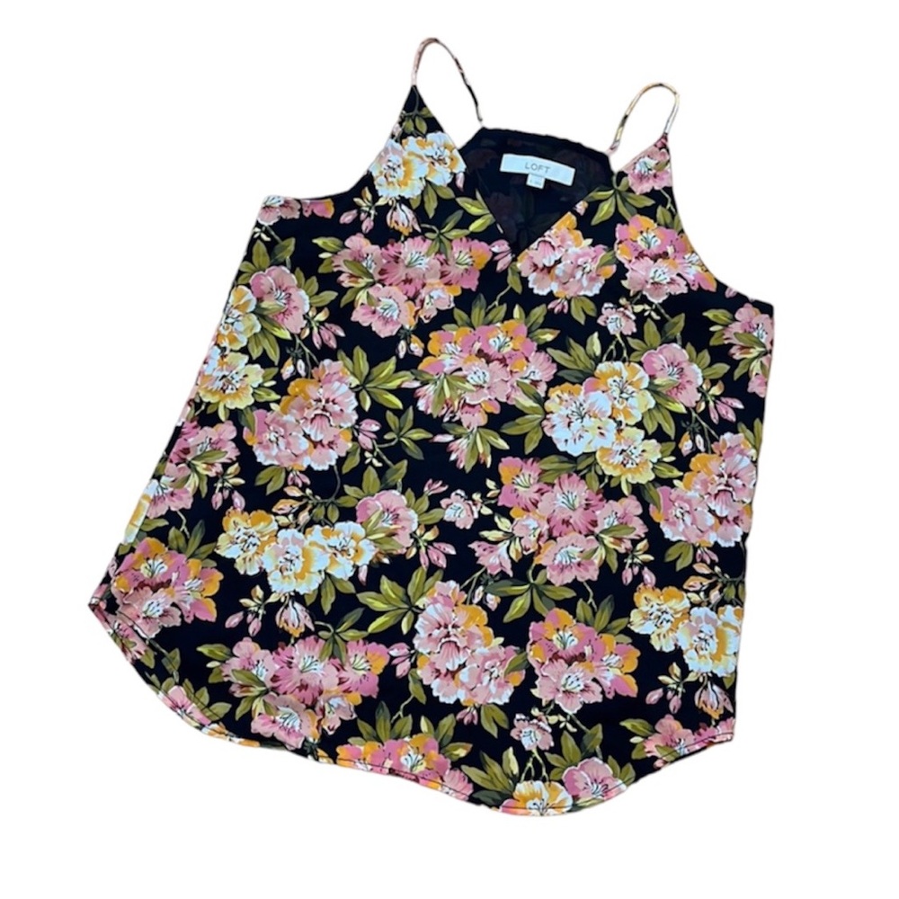 LOFT Floral Tank Top V Neck Black with Pink and Green Flowers Women’s Small